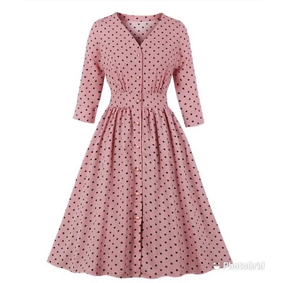 Pink Polka Dot Button-Up Fit & Flare Dress - NWOT - Picture 8 of 9